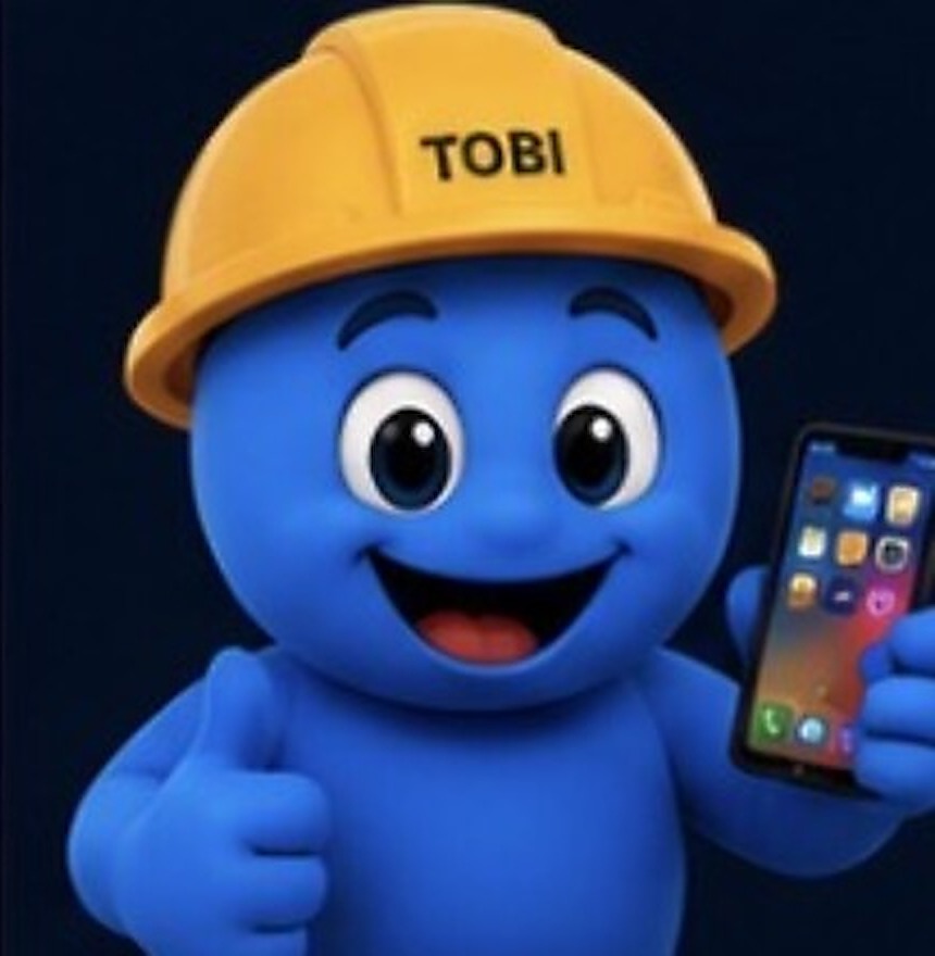 TOBI, the Salinas Tech Solutions mascot in a yellow hard hat, giving a thumbs up while holding a smartphone