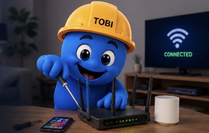 TOBI, the Salinas Tech Solutions mascot in a yellow hard hat, setting up a Wi-Fi router beside a smart TV showing a connected signal