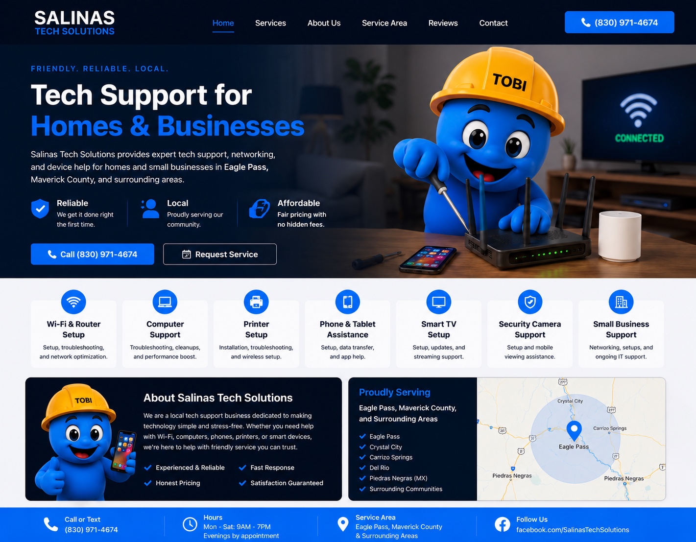 Salinas Tech Solutions website homepage with TOBI mascot and phone number 1-830-971-4674